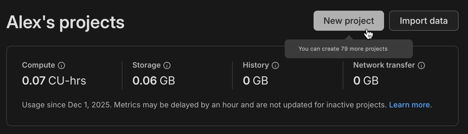 Dashboard page showing 80 Free Plan projects